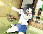  ammunition_belt atsuman_(hogumogu25) black_cat black_eyes black_hair casing_ejection cat closed_eyes firing glasses long_hair midriff minakami_mai multiple_girls muzzle_flash navel nichijou open_mouth sakamoto_(nichijou) scared school_uniform shell_casing shinonome_nano short_hair sitting sweat tokisadame_school_uniform wariza winding_key 