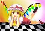  blonde_hair fang female flandre_scarlet hat loli looking_at_viewer lying open_mouth red_eyes ribbon solo the_embodiment_of_scarlet_devil touhou vampire wings 