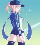  1girl artist_name artoria_pendragon_(all) ass baseball_cap blonde_hair bloomers blue_eyes blush fate/grand_order fate_(series) hair_between_eyes hat highres jacket looking_at_viewer mysterious_heroine_x ponytail scarf skindentation smile solo thighhighs thighs twitter_username underwear yurifucker 