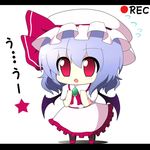  bat_wings blue_hair blush chibi hands_on_own_chest hasewox hat letterboxed open_mouth recording red_eyes remilia_scarlet solo standing touhou translated wings 