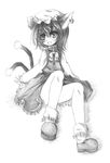  animal_ears blush cat_ears cat_tail chen greyscale jewelry kurona monochrome multiple_tails short_hair simple_background single_earring sitting smile solo tail touhou traditional_media white_background 