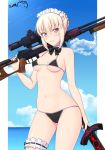  1girl artoria_pendragon_(all) artoria_pendragon_(swimsuit_rider_alter) bangs bare_arms bare_shoulders bikini black_bikini black_bow black_nails black_neckwear blonde_hair blue_sky blush bow bowtie breasts cameltoe closed_mouth cloud collarbone condensation_trail cowboy_shot dark_excalibur dated day erect_nipples eyebrows_visible_through_hair fate/grand_order fate_(series) groin gun hair_between_eyes holding holding_gun holding_sword holding_weapon leg_garter looking_at_viewer maid_headdress medium_breasts micro_bikini nail_polish navel outdoors pink_eyes ppshex rifle short_hair sidelocks signature sky sniper_rifle solo stomach string_bikini swimsuit sword underboob weapon 