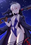  1girl adapted_costume artoria_pendragon_(all) bangs black_gloves black_jacket blonde_hair blue_leotard blush breasts cameltoe closed_mouth collarbone cowboy_shot dark_excalibur dated eyebrows_visible_through_hair fate/grand_order fate_(series) gloves groin gun hair_between_eyes highleg highleg_leotard holding holding_gun holding_sword holding_weapon jacket jacket_on_shoulders leotard looking_at_viewer medium_breasts navel navel_cutout night night_sky open_clothes open_jacket outdoors pink_eyes ppshex rifle saber_alter short_hair sidelocks signature sky smile sniper_rifle solo stomach sword thigh_strap tiara weapon 