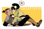  1girl avatar:_the_last_airbender avatar_(series) barefoot black_hair blush heart kakasye sitting sitting_on_person sokka toph_bei_fong 