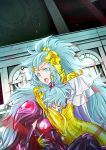  2girls :o absurdres armor blood blue_eyes blue_hair commentary_request crying crying_with_eyes_open eyes_closed fingerless_gloves gemini_integra gemini_paradox gloves gold_saint graphite_(medium) highres hug long_hair looking_at_viewer luode mask multiple_girls saint_seiya saint_seiya_omega siblings sisters tears traditional_media twins 