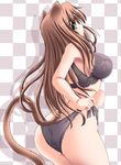  adjusting_clothes adjusting_panties animal_ears ass back black_bra black_panties bra brown_hair cat_ears cat_tail green_eyes lace lace-trimmed_bra lace-trimmed_panties lingerie long_hair looking_at_viewer looking_back original panties side-tie_panties solo standing tail tonpuu underwear underwear_only 