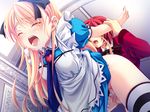 1boy 1girl blonde_hair censored clothed_sex cum cum_in_mouth eyes_closed game_cg indoors long_hair open_mouth penis sex striped striped_legwear striped_thighhighs thighhighs 
