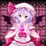  ascot bat bat_wings blue_hair brooch dress fang flower hat hat_ribbon head_tilt heart heart_hands highres jewelry nikka_(cryptomeria) pink_dress red_eyes remilia_scarlet ribbon rose short_hair smile solo touhou upper_body wings wrist_cuffs 