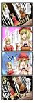  4koma aki_minoriko aki_shizuha bamboo_shoot blonde_hair comic dress food fruit grapes hair_ornament hat highres leaf multiple_girls red_eyes short_hair siblings sisters tenko_(gintenko) touhou translated 