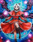  blue_eyes boots capelet dress hair_bobbles hair_ornament long_hair md5_mismatch oil_painting_(medium) red_capelet shinki side_ponytail silver_hair solo tafuto touhou traditional_media wings 