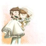  blush boquet brown_hair dress facial_hair flower formal happy lowres luigi mario_(series) mustache nintendo princess_daisy saiha suit super_mario_bros. super_mario_land tuxedo wedding wedding_dress 