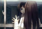  absurdres ayase_sayuki back blue_eyes brown_hair glass hand_on_window highres indoors kantoku long_hair looking_out_window rain reflection solo window your_diary 