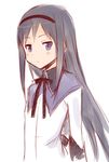  akemi_homura black_hair blue_eyes blush ha-ru hairband long_hair magical_girl mahou_shoujo_madoka_magica simple_background solo upper_body 