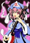  bachi bad_id bad_pixiv_id banned_artist blue_dress bug butterfly dress flat_color floral_print ghost hat hitodama insect instrument kisaragi_zwei obi open_mouth pink_eyes pink_hair plectrum saigyouji_yuyuko sash shamisen short_hair smile solo touhou upper_body 