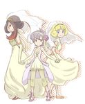  azami_(pokemon) bad_id bad_pixiv_id black_hair blonde_hair dress elbow_gloves flower frontier_brain gloves hairband holding_hands kogomi_(pokemon) lila_(pokemon) multiple_girls pokemon pokemon_(game) pokemon_emerald pokemon_rse purple_flower purple_hair purple_rose rose simple_background smile tsutei_(munibeer) wedding_dress 