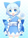  1girl adapted_costume blue_eyes blue_hair blue_kimono blush blush_stickers bow cirno fan hair_bow japanese_clothes kimono obi open_mouth paper_fan sash short_hair smile solo touhou uchiwa uta_(kuroneko) yukata 