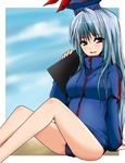  bare_legs blue_hair buruma hat ifuji_sakura jacket kamishirasawa_keine long_hair multicolored_hair red_eyes silver_hair sitting solo touhou track_jacket two-tone_hair very_long_hair 