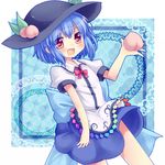  alternate_hair_length alternate_hairstyle arm_up bad_id bad_pixiv_id blue_hair blush child food fruit hat hinanawi_tenshi holding holding_food holding_fruit minato0618 open_mouth peach red_eyes shirt short_hair skirt smile solo touhou 