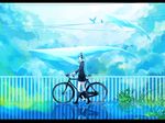  animal aqua_hair bicycle bird cloud flying_whale ground_vehicle hatsune_miku headphones highres irena kneehighs letterboxed long_hair profile railing reflection solo surreal vocaloid walking whale 
