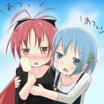  blue_eyes blue_hair blush fang food kanata_(01230622) long_hair mahou_shoujo_madoka_magica miki_sayaka multiple_girls ponytail popsicle red_eyes sakura_kyouko short_hair translated 