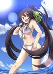  :d bikini black_hair blue_eyes cloud day infinite_stratos lens_flare long_hair open_mouth ponytail shinonono_houki sky smile solo split_ponytail sun swimsuit tales_(tales_of_phirmament) very_long_hair wading water white_bikini 