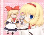  2girls :&gt; ahoge alice_margatroid blonde_hair blue_eyes blush blush_stickers bow capelet character_doll chibi closed_eyes doll glasses hair_bow hairband heart highres holding_hands kiss ko_torii long_hair mary_janes morichika_rinnosuke multiple_girls one_eye_closed pouch shanghai_doll shoes short_hair silver_hair touhou 