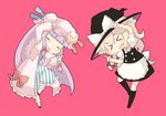  &gt;_&lt; 2girls =_= blonde_hair chibi dress eyes_closed fang female fusion_dance hair_ornament hat kirisame_marisa long_hair multiple_girls open_mouth patchouli_knowledge purple_hair ribbon simple_background touhou very_long_hair violet_hair witch witch_hat 