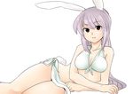  animal_ears bad_anatomy bad_id bad_pixiv_id bare_shoulders bikini breasts brown_eyes bunny_ears bunny_tail cleavage collarbone face front-tie_top hands koyama_shigeru large_breasts long_hair purple_hair reisen_udongein_inaba sarong simple_background solo swimsuit tail touhou white_sarong 