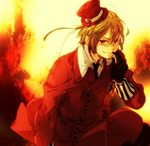  arm_support arm_up axis_powers_hetalia badge bangs brown_hair circus66 fang finger_to_mouth gloves hat hat_ribbon jewelry looking_at_viewer male_focus military military_uniform mini_hat mini_top_hat necktie pendant red_eyes ribbon romania_(hetalia) smile solo top_hat uniform wind 