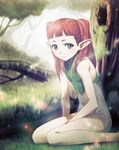  bad_id bad_pixiv_id cozy elf flat_chest forest green_eyes nature original pointy_ears red_hair sitting solo twintails 