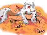  animal_ears commentary_request inubashiri_momiji leaf lying maple_leaf md5_mismatch messy_hair nude onikobe_rin red_eyes short_hair silver_hair solo tail touhou wolf_ears wolf_tail 