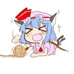  &gt;_&lt; animal_ears animal_tail blue_hair cat_ears cat_tail eyes_closed fang female happy hat loli lowres open_mouth remilia_scarlet simple_background solo tail touhou yarn 