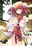  arm_at_side asai_ichiko bandages breasts bun_cover chain cuffs double_bun false_arm false_limb frown ibaraki_kasen large_breasts looking_down nipples no_panties pink_eyes pink_hair see-through short_hair skirt sliding_doors solo standing tabard torn_clothes touhou wet wet_clothes 