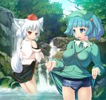  animal_ears blue_eyes blue_hair dog_ears hat ichio impossible_clothes impossible_shirt inubashiri_momiji kawashiro_nitori key multiple_girls one-piece_swimsuit red_eyes school_swimsuit shirt skirt skirt_lift swimsuit swimsuit_under_clothes tail tokin_hat touhou two_side_up wading water waterfall white_hair wolf_ears wolf_tail 