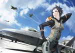  ace_combat ace_combat_5 ace_combat_assault_horizon airplane black_hair brown_eyes cloud contrail f-22 flying hand_on_hip helmet hips jet kei_nagase kozaki_yuusuke pilot pilot_suit short_hair signature sky 