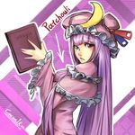  bad_id bad_pixiv_id book bow character_name cocoaore crescent directional_arrow google hair_bow hat highres long_hair looking_at_viewer patchouli_knowledge purple_eyes purple_hair solo touhou upper_body zipper 