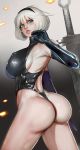  1girl adapted_costume ass bangs bare_shoulders black_gloves breasts elbow_gloves erect_nipples gloves green_eyes hairband large_breasts leotard lips nier_(series) nier_automata parted_lips randy_(awesomevillage) short_hair sideboob silver_hair solo sword weapon yorha_no._2_type_b 