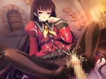  1girl artist_request black_hair black_legwear candle censored cum cum_on_body cum_on_clothes feet foot footjob long_hair mephisto_(artist) no_shoes open_mouth pantyhose penis red_eyes solo_focus source_request tenshi_no_hane_wo_fumanaide thighhighs very_long_hair 