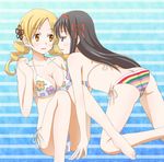  akemi_homura ass bad_anatomy bad_id bad_pixiv_id barefoot bikini black_hair blonde_hair breasts cleavage drill_hair error floral_print hair_ornament hair_ribbon imminent_kiss large_breasts long_hair ma_tsukasa mahou_shoujo_madoka_magica multicolored multicolored_bikini multicolored_clothes multicolored_stripes multiple_girls print_bikini purple_eyes ribbon side-tie_bikini striped swimsuit tomoe_mami twin_drills twintails yellow_eyes yuri 