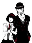  1girl arm_hug black_hair bob_cut bowler_hat closed_eyes facial_hair facial_mark formal gloves goatee grin hairband hands_in_pockets hat jake_martinez kriem loup-garou necktie partially_colored red_gloves short_hair sideburns simple_background smile suit tears tiger_&amp;_bunny 