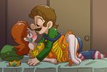  bed bedroom blue_eyes blush brown_hair crown facial_hair luigi mario_(series) mustache nintendo omayu pillow princess_daisy socks striped striped_legwear striped_socks super_mario_bros. super_mario_land 