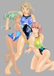 bad_id bad_pixiv_id blue_eyes breasts closed_eyes competition_swimsuit covered_nipples cuddling flat_chest green_eyes green_hair highres large_breasts leg_between_thighs long_hair lotion multiple_girls one-piece_swimsuit original ponytail puffy_nipples red_hair shiny shiny_skin shoko_(moccom) short_hair swimsuit 