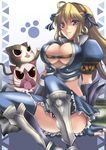  armor asuru asuru_(armor) blonde_hair blush breasts capcom cleavage felyne highres large_breasts melynx monster_hunter monster_hunter_frontier smile 