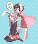  animal_ears barefoot biting black_legwear blazer blush bunny_ears bunny_tail closed_eyes dress ear_biting inaba_tewi jacket jewelry lavender_hair long_hair miniskirt mugishima multiple_girls necktie pendant pleated_skirt red_eyes reisen_udongein_inaba sitting skirt tail thighhighs touhou translated v_arms very_long_hair wariza zettai_ryouiki 