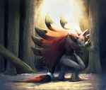  black_hair blue_eyes claws forest gen_5_pokemon long_hair looking_at_viewer low-tied_long_hair multicolored_hair nature no_humans pokemon pokemon_(creature) profile red_hair salanchu standing tally tree two-tone_hair zoroark 