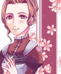  ari_(pixiv) beauty_mark blush brown_eyes brown_hair female flower gensou_suikoden gensou_suikoden_ii hilda_(suikoden) lowres maid maid_uniform mole short_hair solo suikoden suikoden_ii uniform 