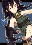  armpits bare_shoulders belt black_hair elbow_gloves gloves halterneck long_hair midriff navel nike_(smaaaash) one_eye_closed original shenwu_(nike) single_elbow_glove single_glove smile solo yellow_eyes 