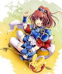  arle_nadja armor armored_dress blue_skirt bracer brown_hair cape carbuncle_(puyopuyo) character_name highres ichirino_minagi madou_monogatari open_mouth pointing puyopuyo short_hair skirt thighhighs tongue wand white_legwear yellow_eyes 