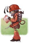  ant antennae boots brown_hair bug canister commentary_request fire_helmet firefighter gas_mask gloves hat helmet insect insect_girl magazine mask no_pants original ponytail reading sachy_(sachichy) solo standing 