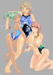  bad_id bad_pixiv_id blue_eyes breasts closed_eyes competition_swimsuit cuddling flat_chest green_eyes green_hair highres large_breasts leg_between_thighs long_hair lotion multiple_girls nipples one-piece_swimsuit original ponytail puffy_nipples red_hair shiny shiny_skin shoko_(moccom) short_hair swimsuit 